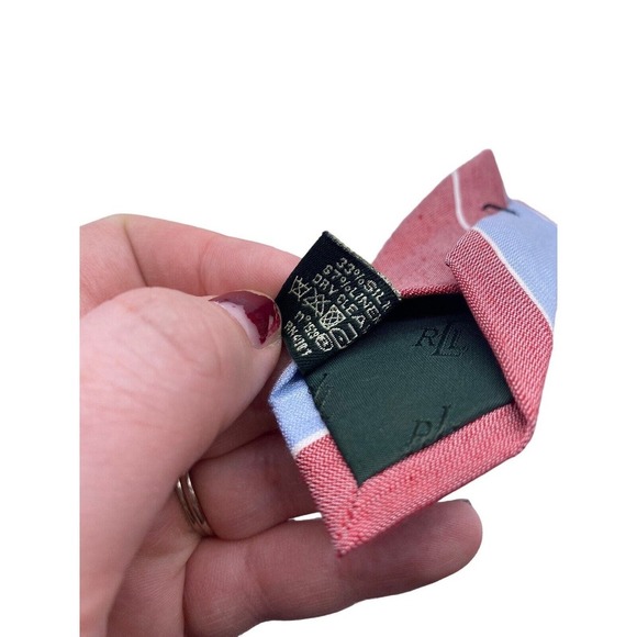 Ralph Lauren Tie Silk Slub Linen Blend Mens Light Blue Rose Red Dark Pink Stripe - Picture 11 of 12